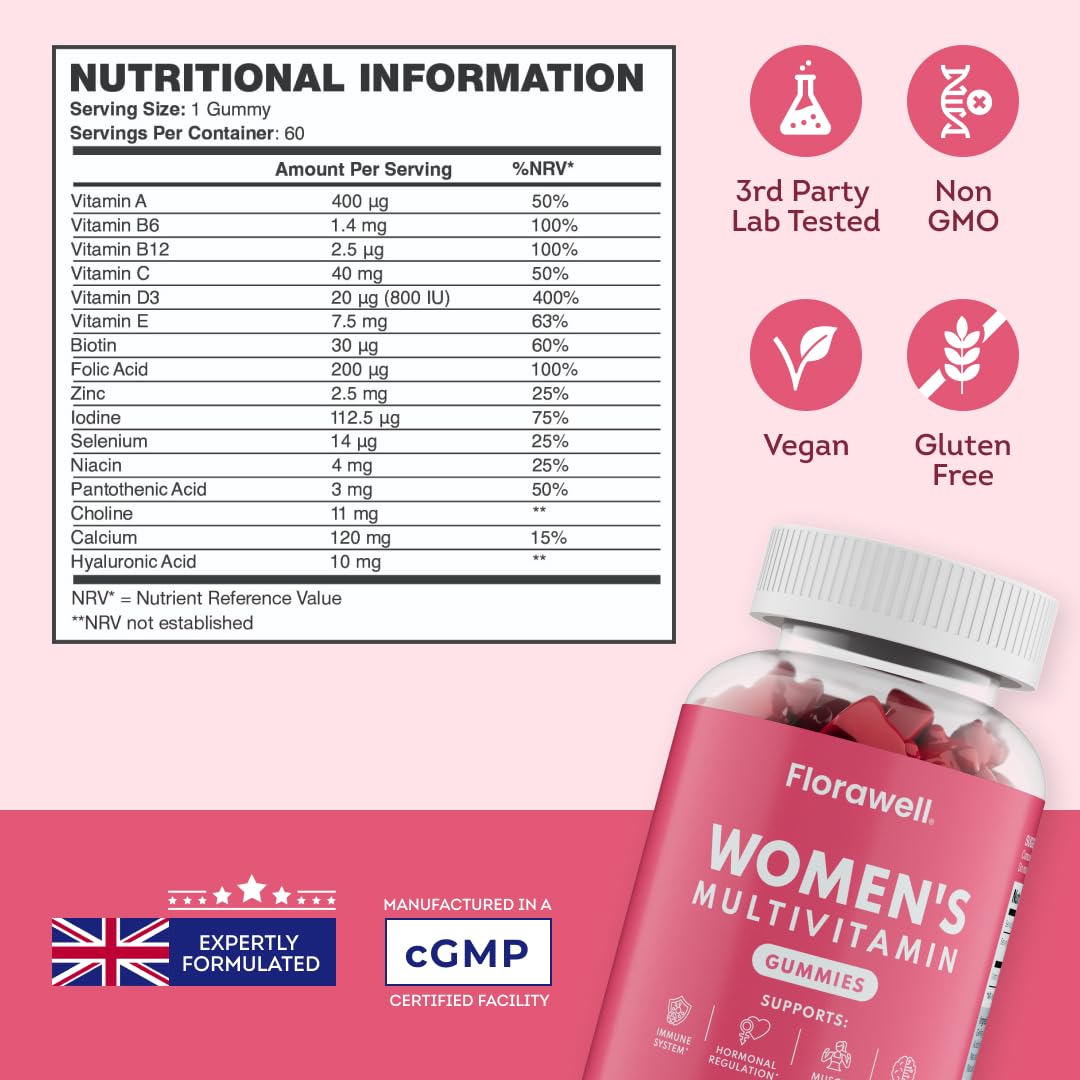 Florawell® Multivitamin Gummies for Women - 16 Key Vitamins & Minerals for Immune Support & Hormonal Regulation* - 2 Months Supply - Natural Strawberry Flavour - Vitamin Gummies for Adults