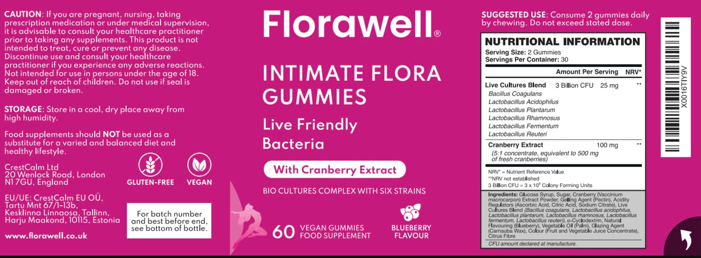 Florawell® Intimate Flora Gummies – Intimate Flora for Women, Supports Feminine Health – Women's Gummies for Intimate Balance & Daily Care – Delicious Natural Berry Flavour – 60 Vegan Gummies